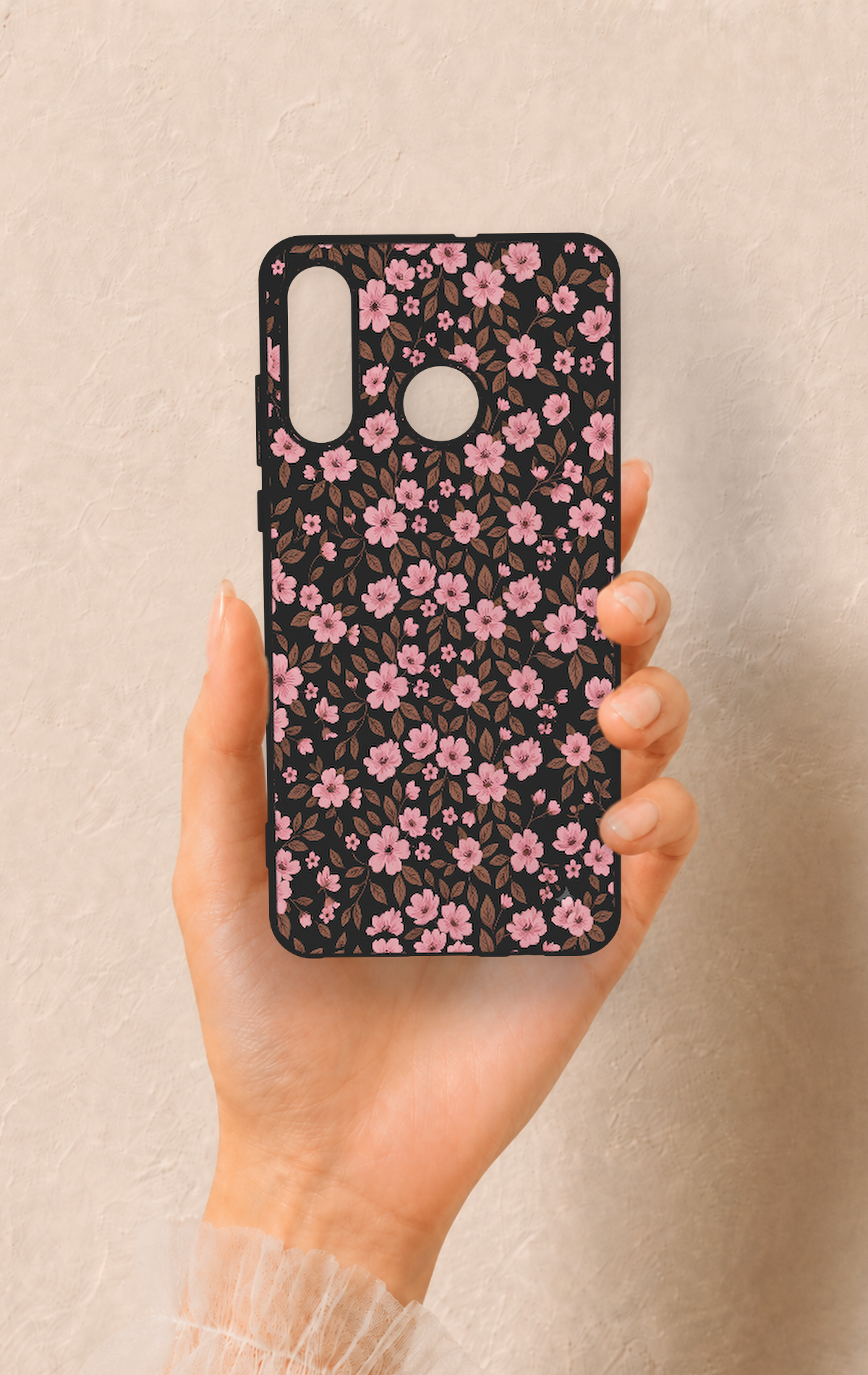 Huawei P30 Lite Uyumlu Mini Pembe Çiçek Desenli Silikon Kılıf