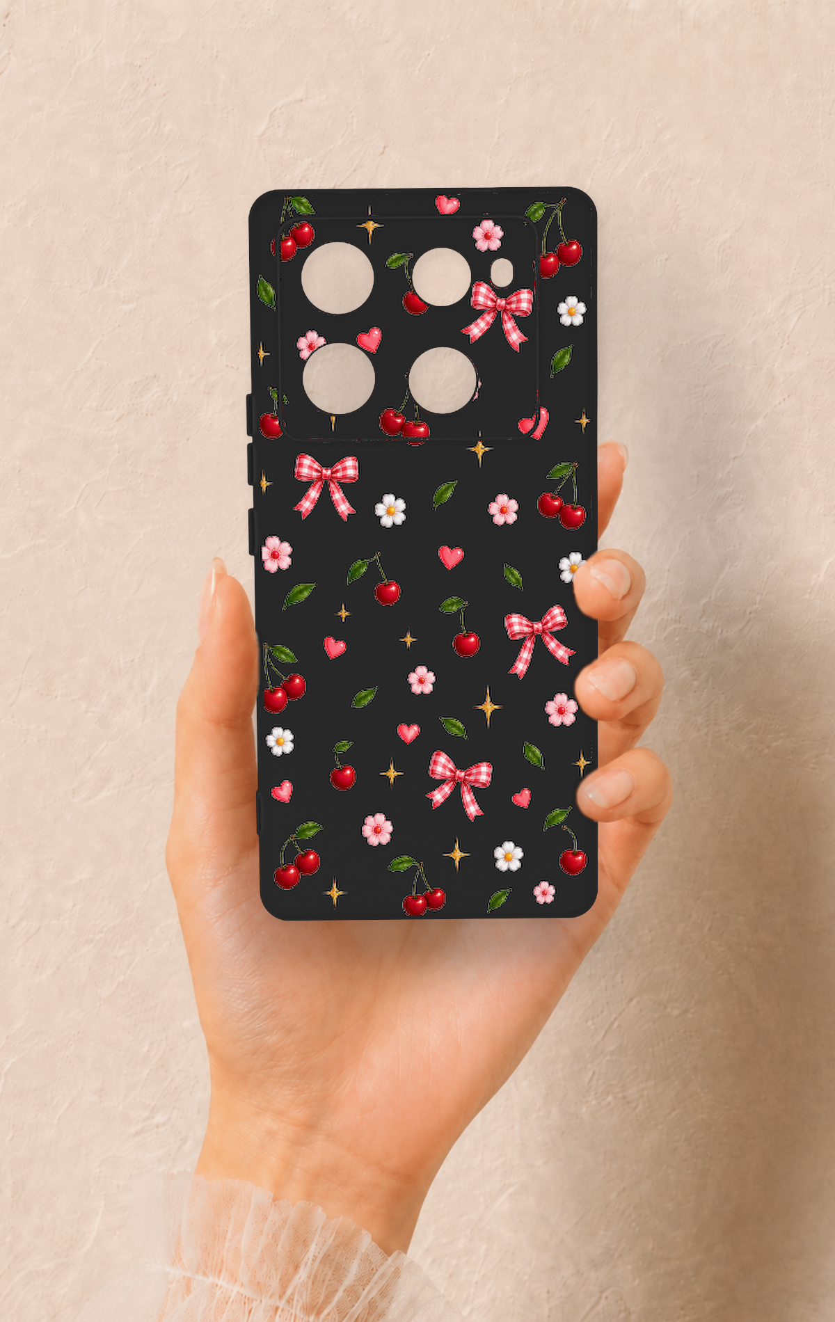 İnfinix Note 40 Pro Uyumlu Papatya Kiraz Fiyonk Desenli Silikon Kılıf