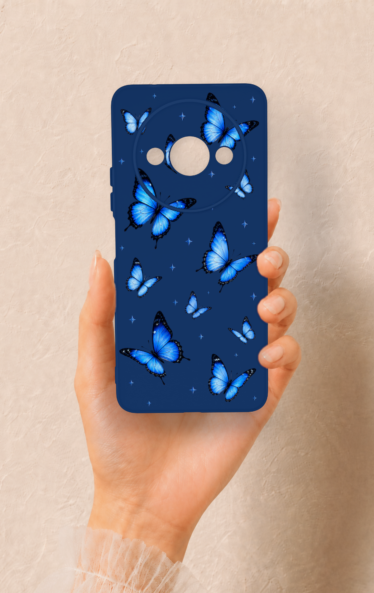 Redmi A3 Uyumlu Parlak Mavi Kelebek Desenli Silikon Kılıf