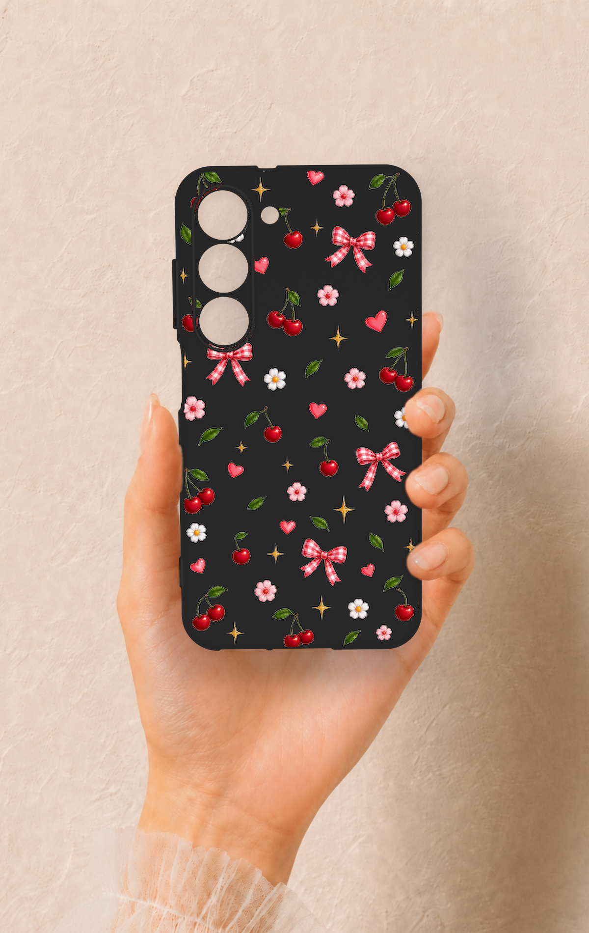 Samsung S23 Uyumlu Papatya Kiraz Fiyonk Desenli Silikon Kılıf