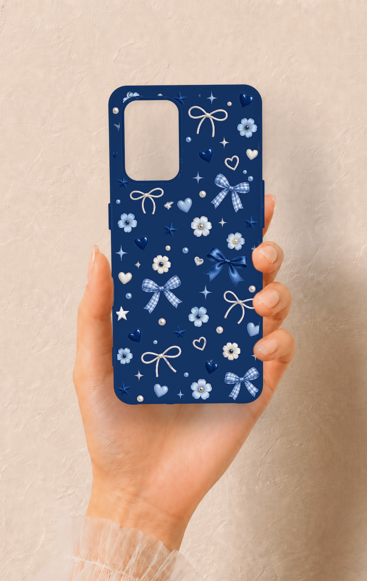 Oppo-A74 Uyumlu Mavi Papatya Fiyonk Desenli Silikon Kılıf