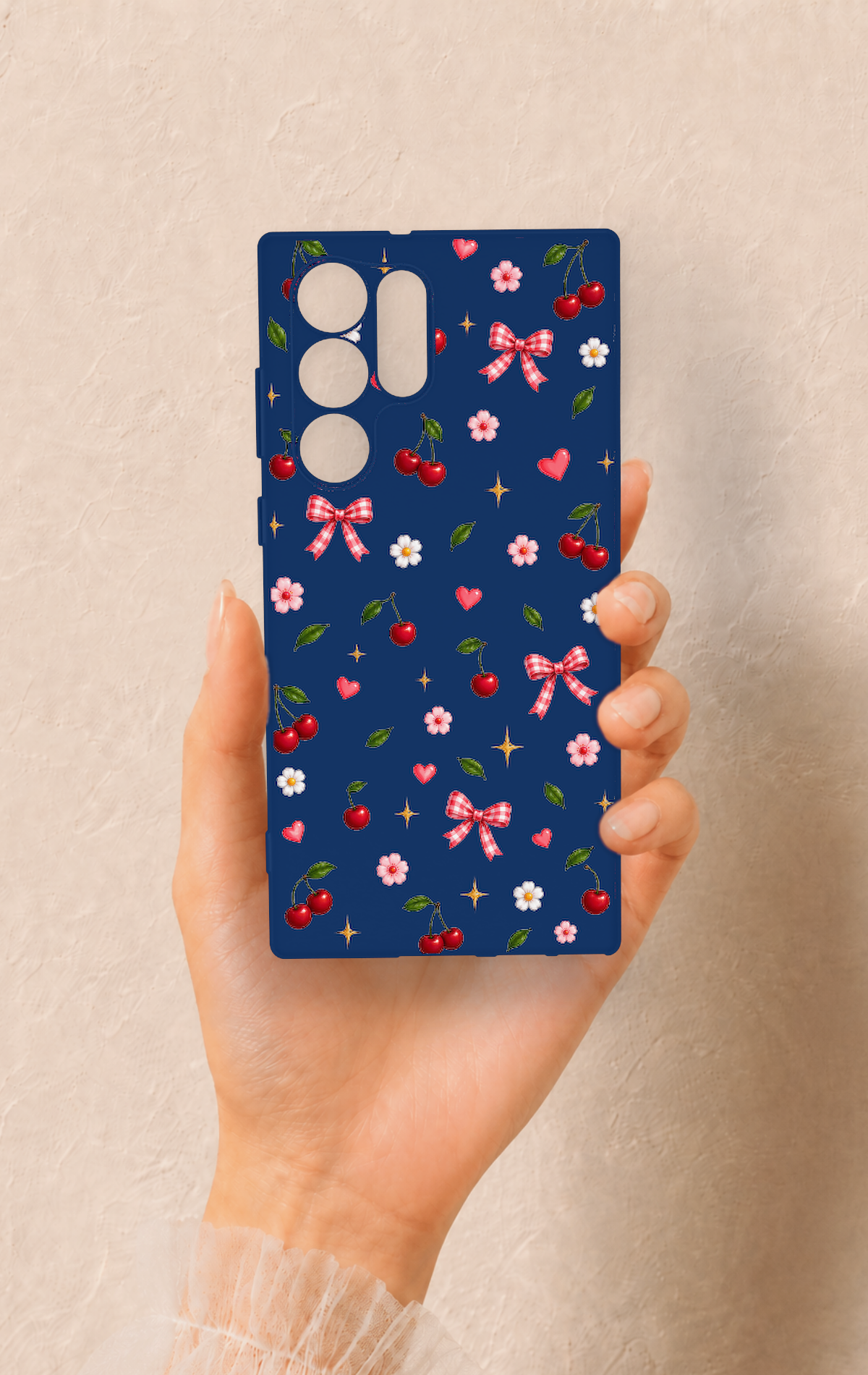 Samsung S22 Ultra Uyumlu Çiçek Kiraz Fiyonk Desenli Silikon Kılıf