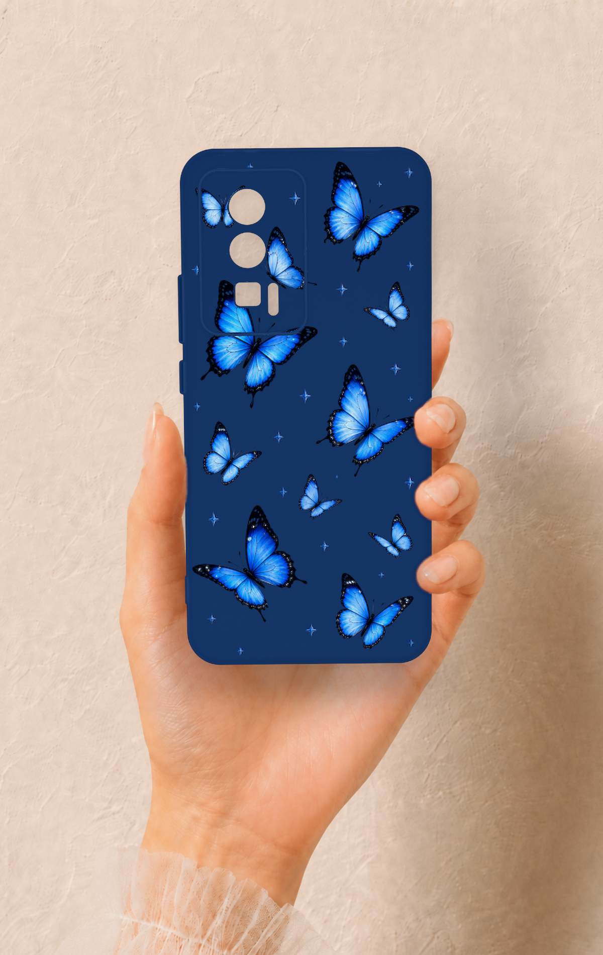 Poco F5 Pro Uyumlu Parlak Mavi Kelebek Desenli Silikon Kılıf