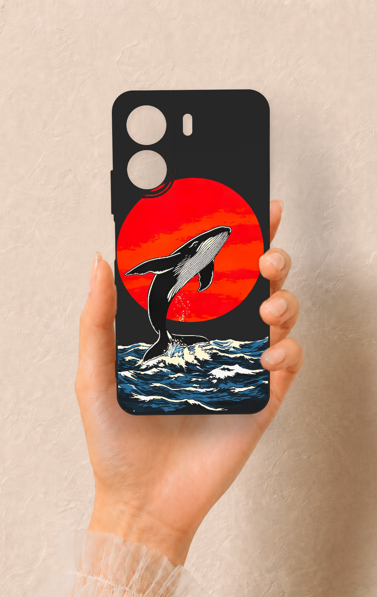Redmi 13C Uyumlu Kırmızı Güneş Balina Desenli Silikon Kılıf