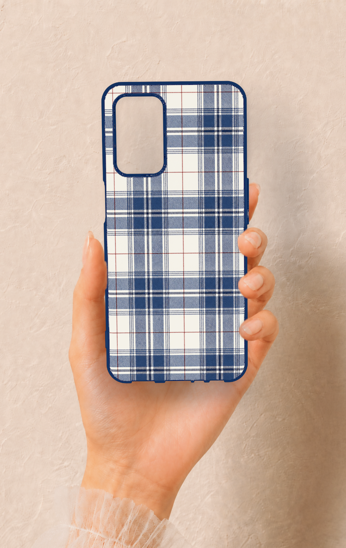 Oppo A55 Uyumlu Bej Lacivert Ekose Desenli Silikon Kılıf