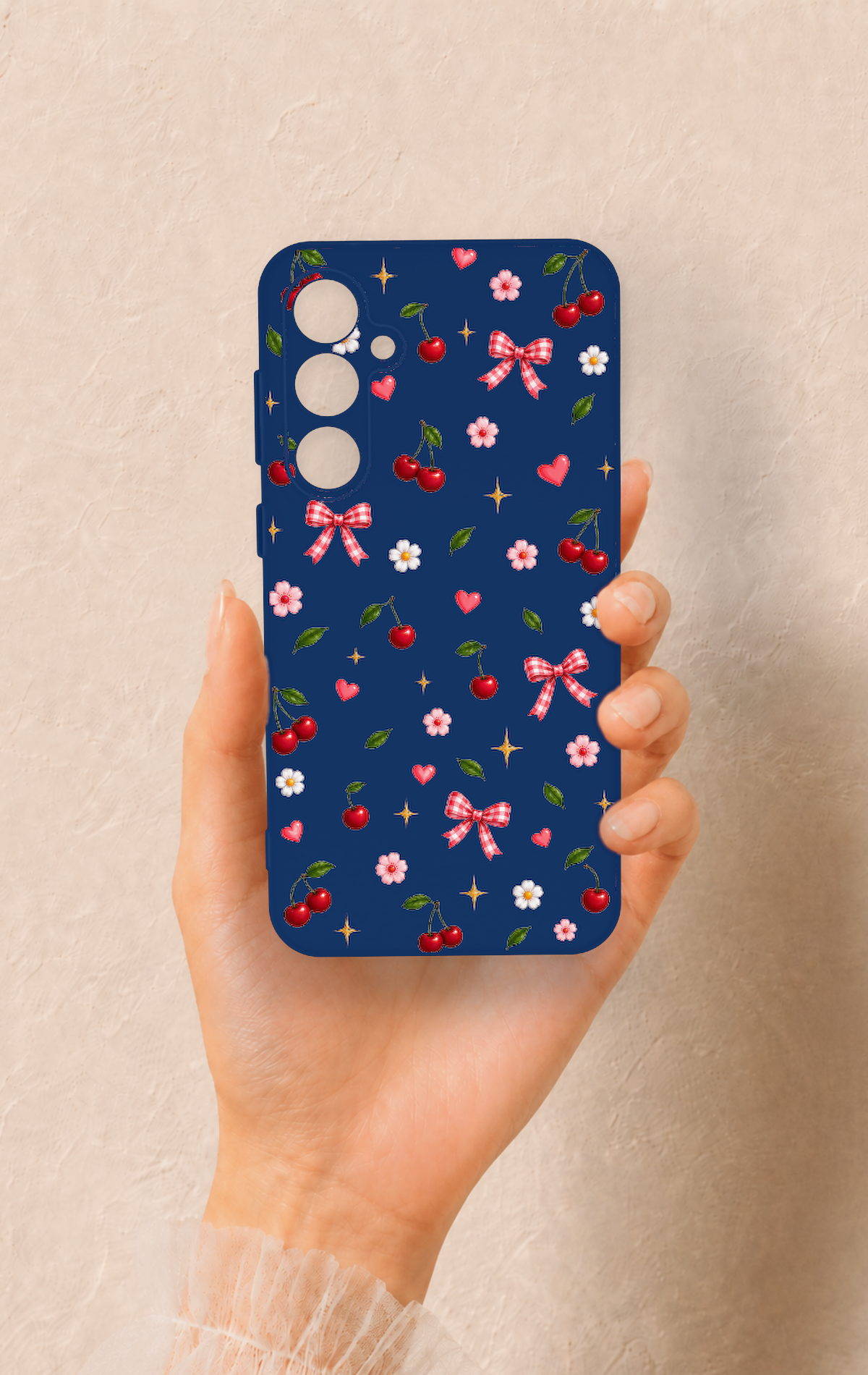 Samsung S23Fe Uyumlu Çiçek Kiraz Fiyonk Desenli Silikon Kılıf