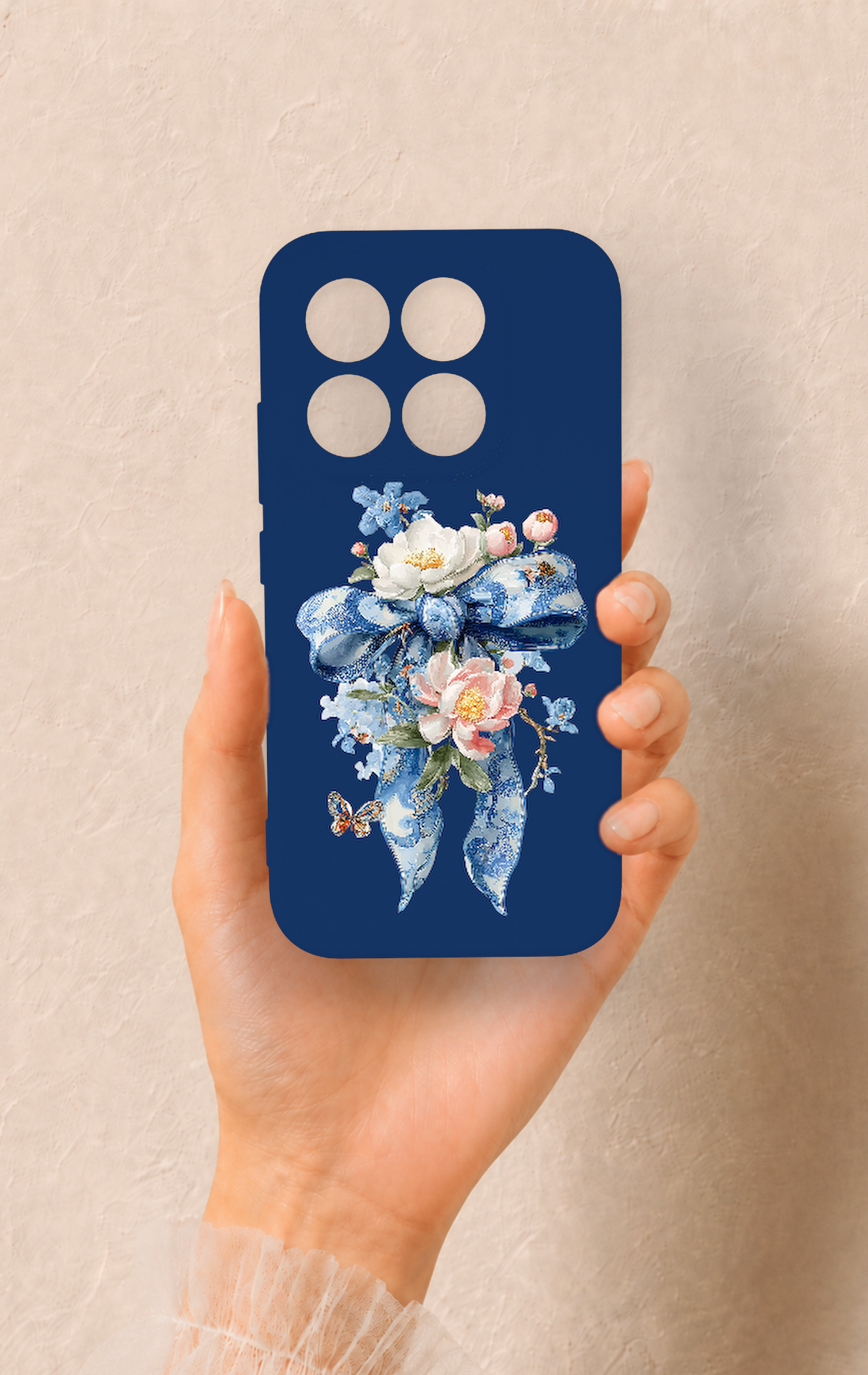Xiaomi Mi 17 5G Uyumlu Mavi Kurdeleli Çiçek Desenli Silikon Kılıf