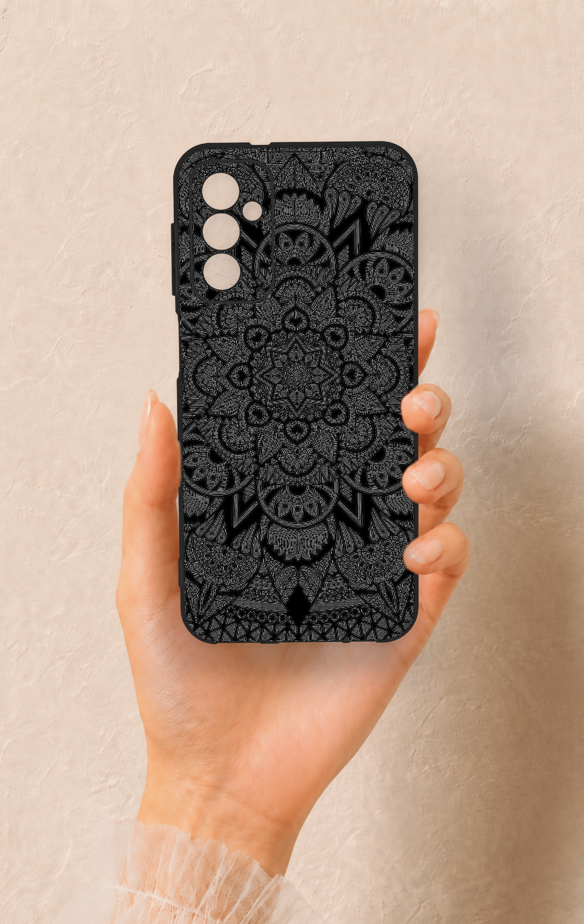 Samsung M13 Uyumlu Siyah Beyaz Mandala Desenli Silikon Kılıf