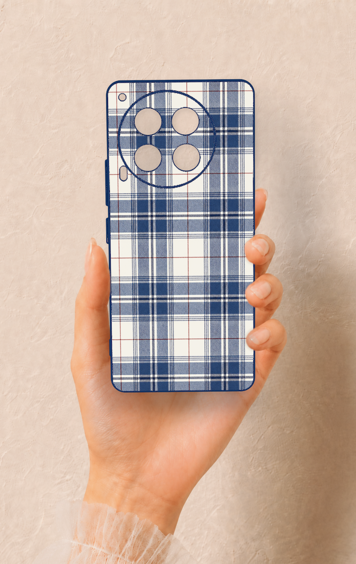 Tecno Camon 30 Uyumlu Bej Lacivert Ekose Desenli Silikon Kılıf