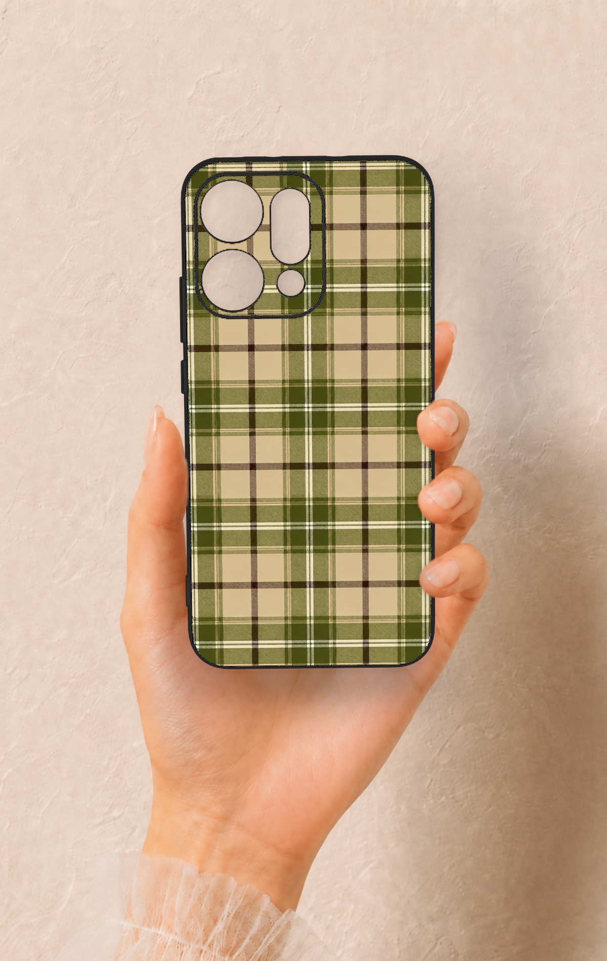 Oppo Reno 14 Uyumlu Zeytin Yeşili Ekose Desenli Silikon Kılıf
