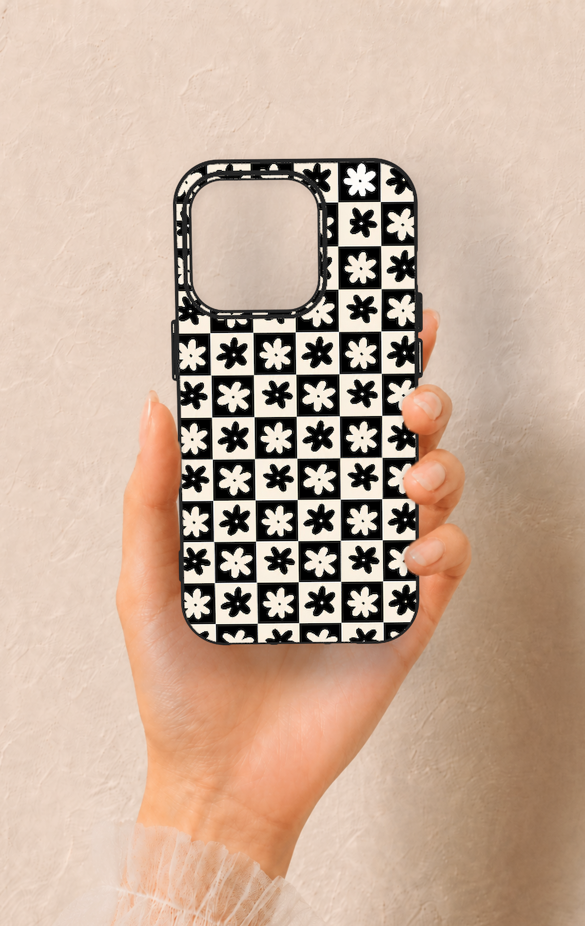 iPhone 15 Pro Uyumlu Çiçek Motifli Dama Desenli Silikon Kılıf