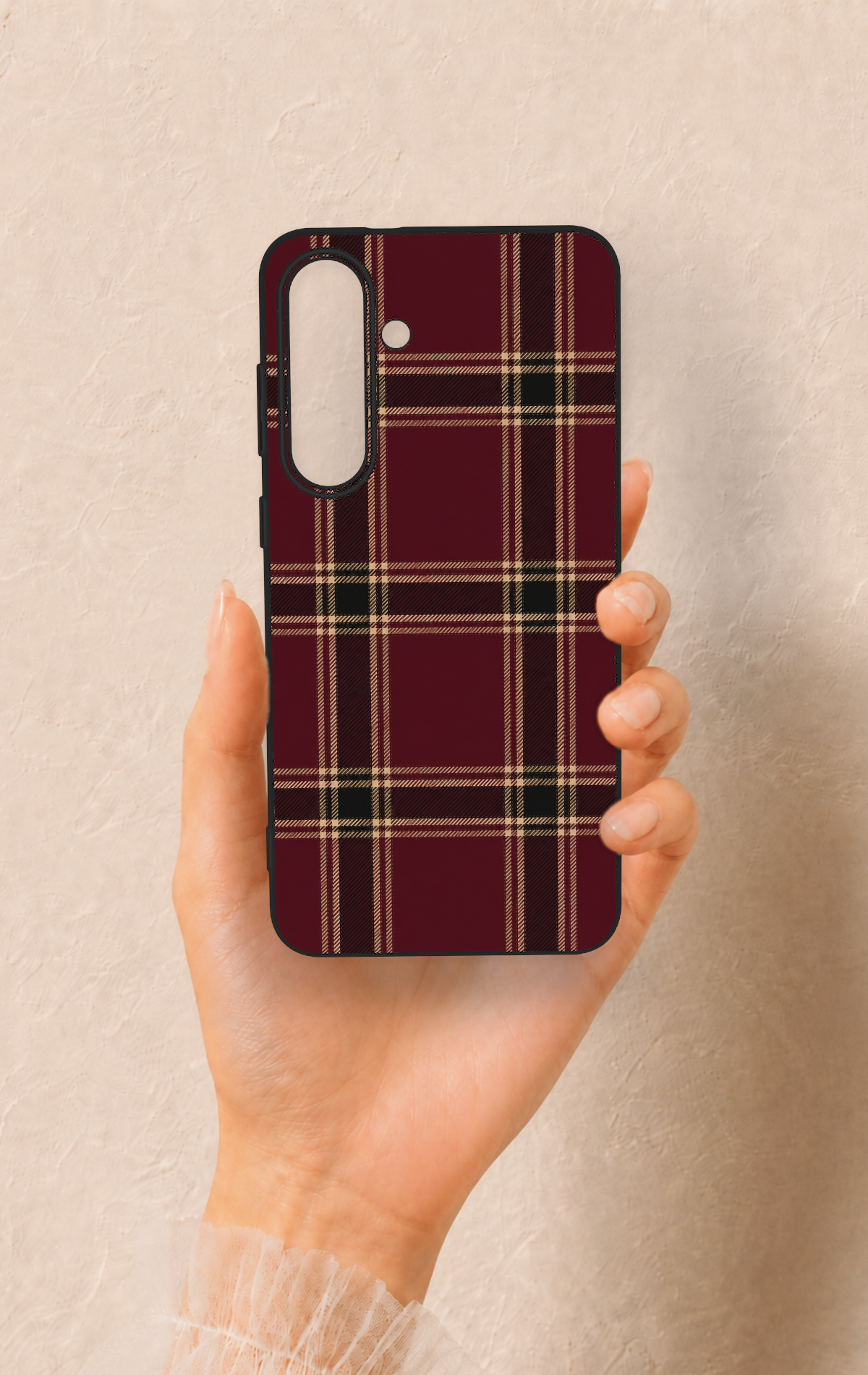 Samsung S25Fe Uyumlu Bordo Siyah Ekose Desenli Silikon Kılıf