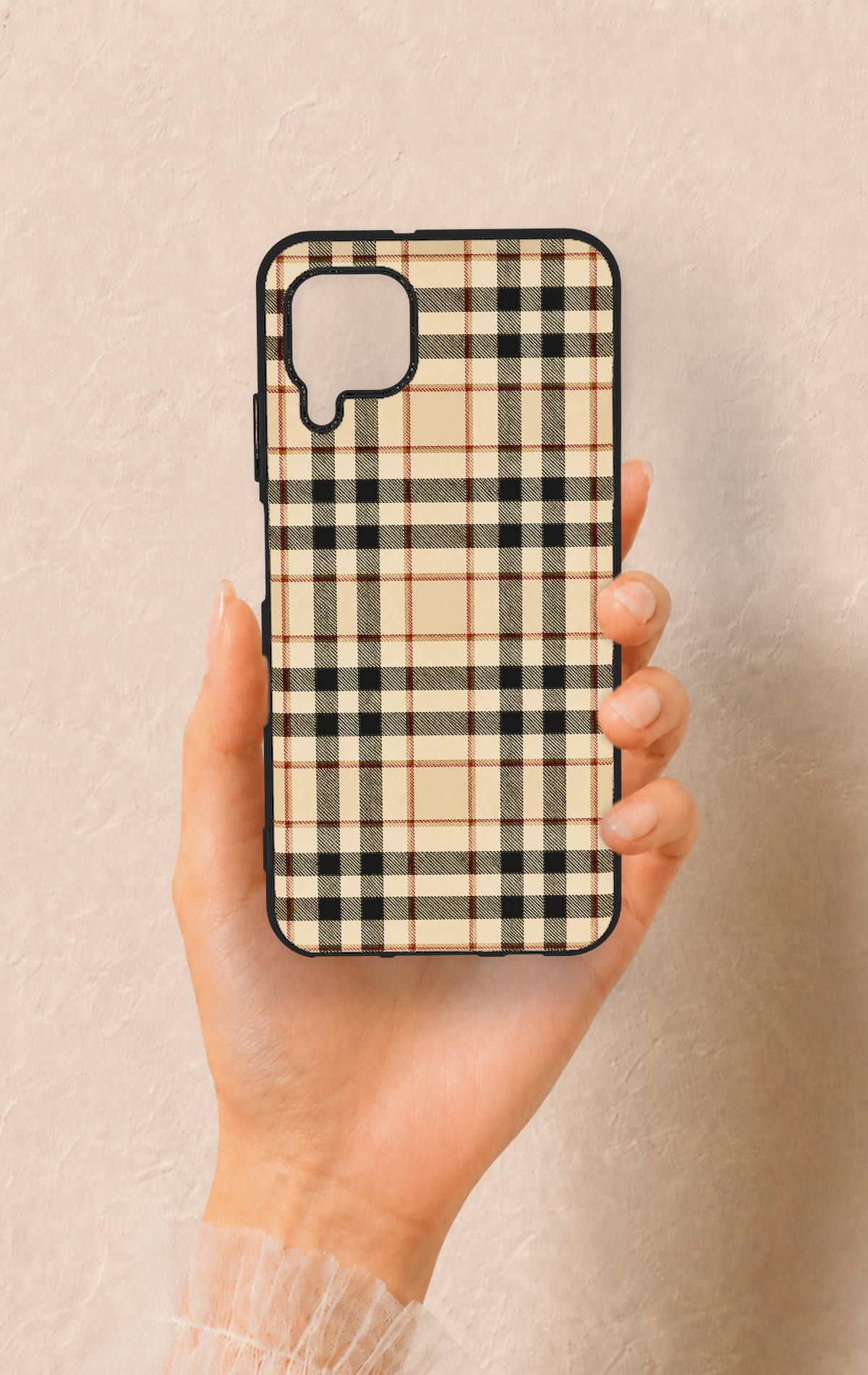 Huawei P40 Lite Uyumlu Karamel Siyah Ekose Desenli Silikon Kılıf