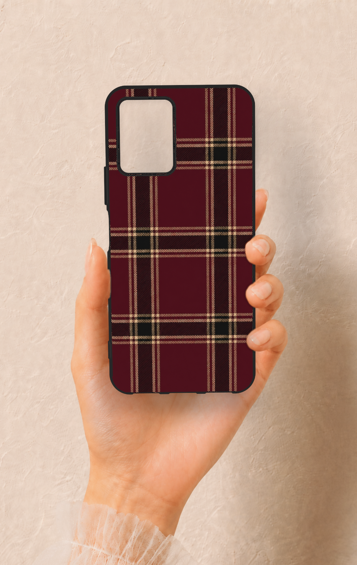 Vivo Y33S Uyumlu Bordo Siyah Ekose Desenli Silikon Kılıf