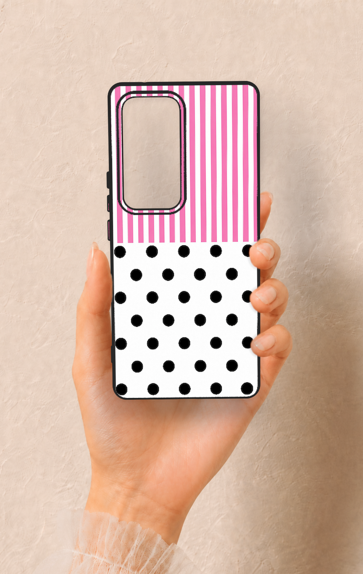 Vivo V30 Uyumlu Pembe Çizgili Puantiye Desenli Silikon Kılıf