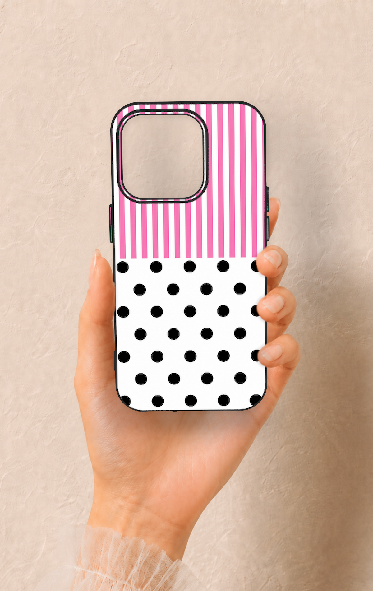 iPhone 15 Pro Uyumlu Pembe Çizgili Puantiye Desenli Silikon Kılıf