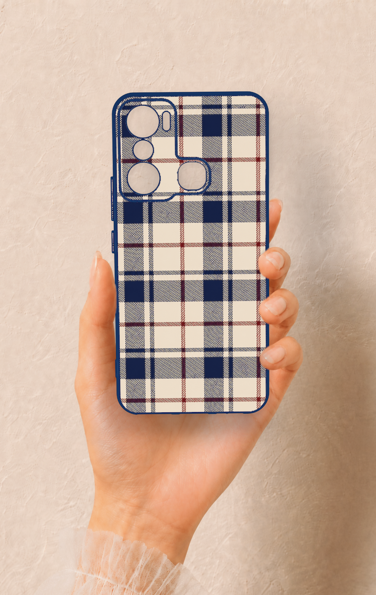 İnfinix Hot 20i Uyumlu Mavi Bordo Çizgili Ekose Desenli Silikon Kılıf