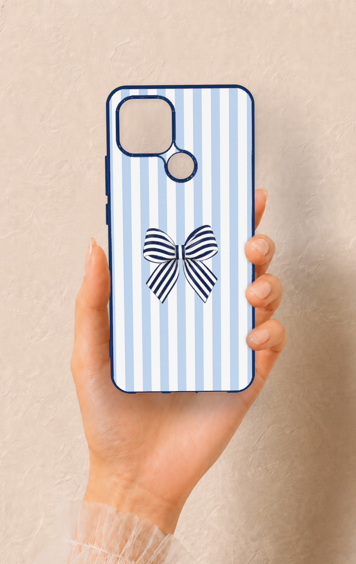 Oppo A15 Uyumlu Mavi Beyaz Kurdele Desenli Silikon Kılıf
