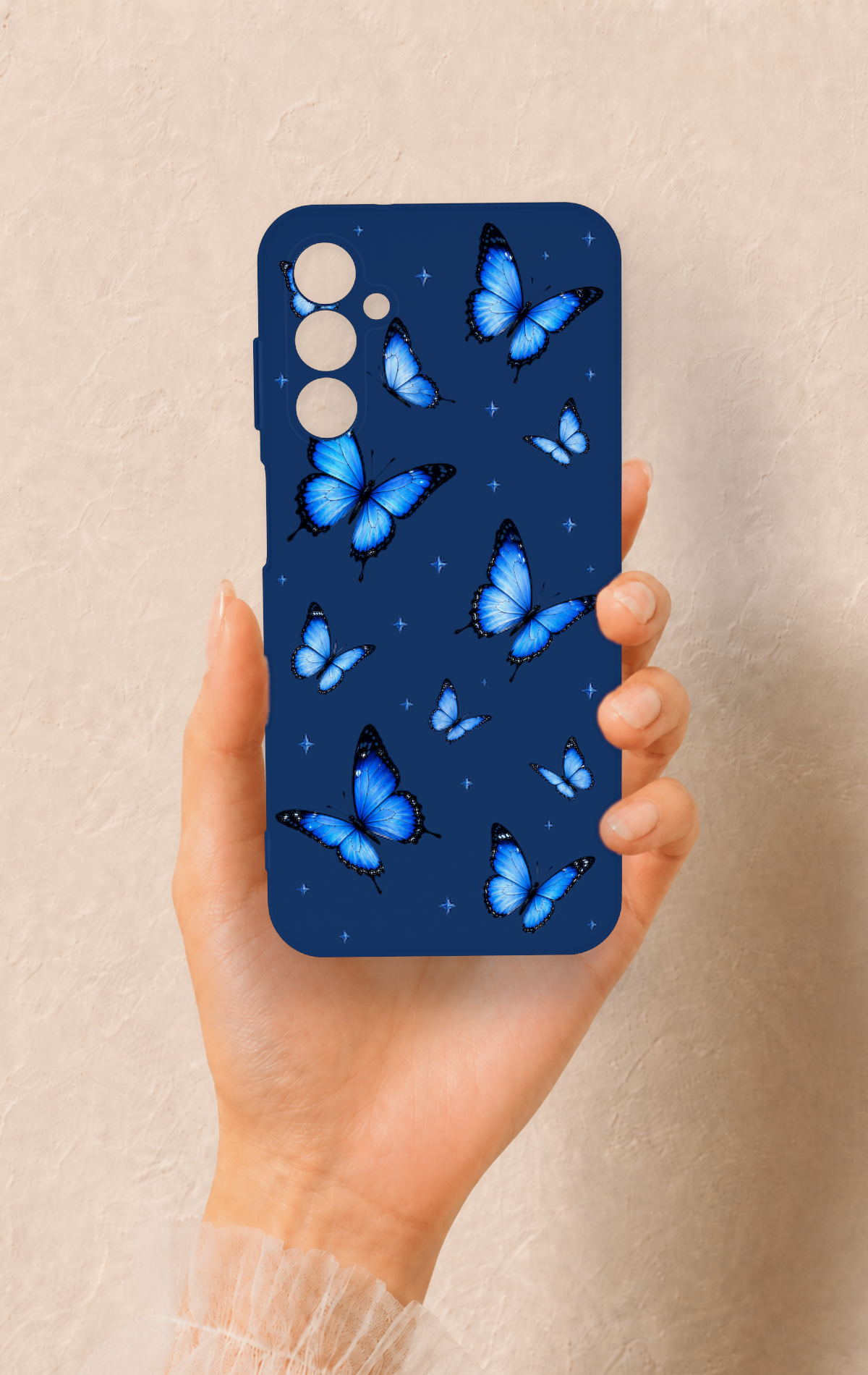 Samsung M14 Uyumlu Parlak Mavi Kelebek Desenli Silikon Kılıf
