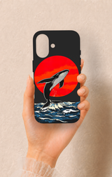 iPhone 16 Uyumlu Kırmızı Güneş Balina Desenli Silikon Kılıf