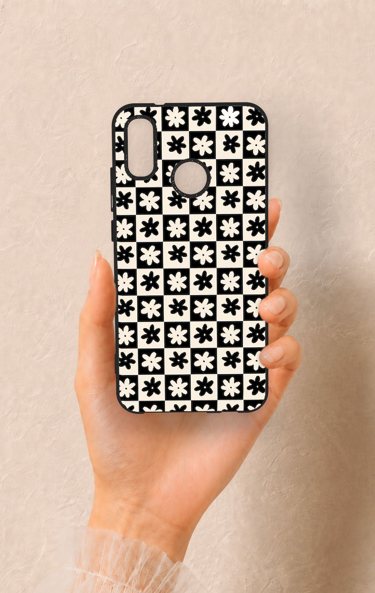Huawei P20 Lite Uyumlu Çiçek Motifli Dama Desenli Silikon Kılıf