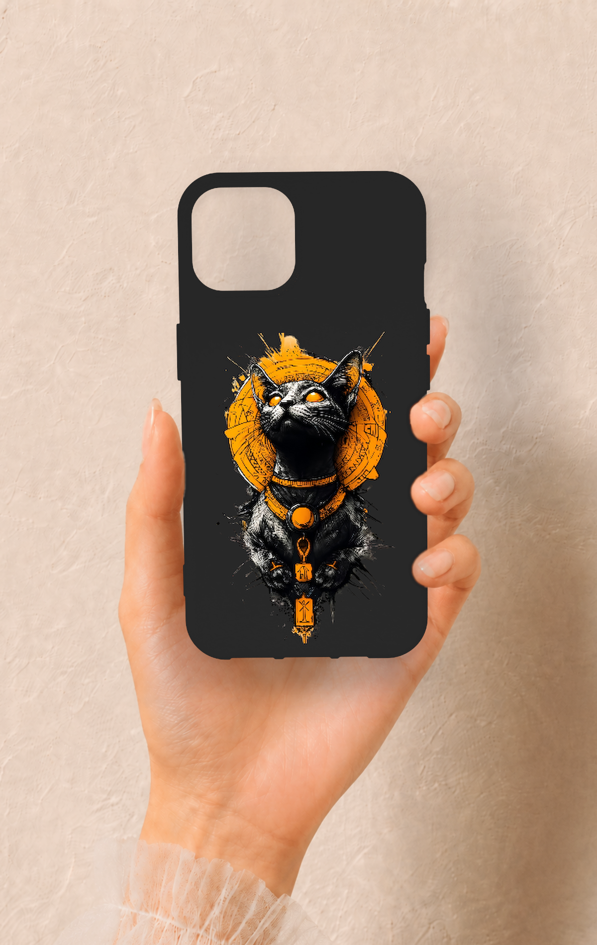 iPhone 13 Uyumlu Mısırlı Kedi Tanrısı Desenli Silikon Kılıf