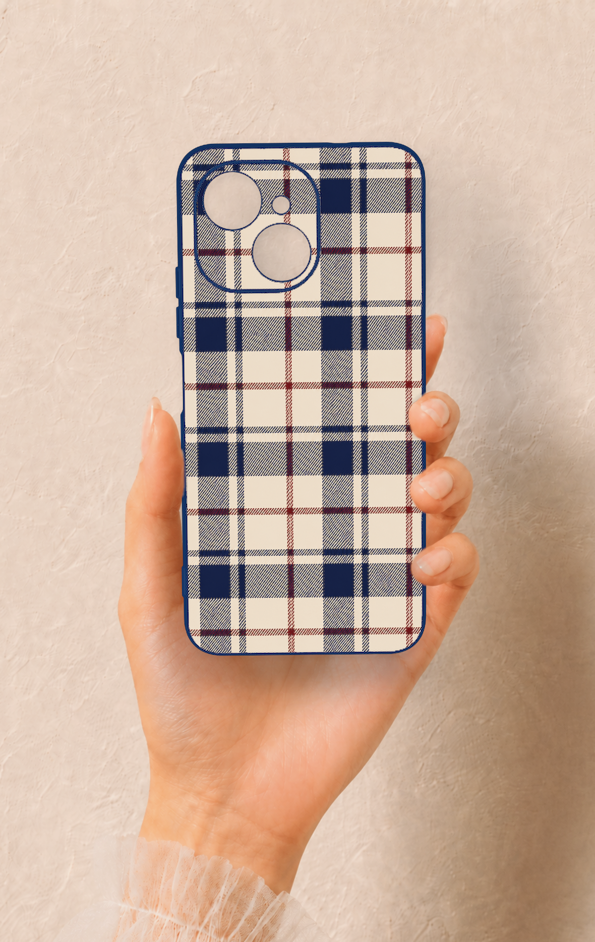 Tecno Spark 40C Uyumlu Mavi Bordo Çizgili Ekose Desenli Silikon Kılıf