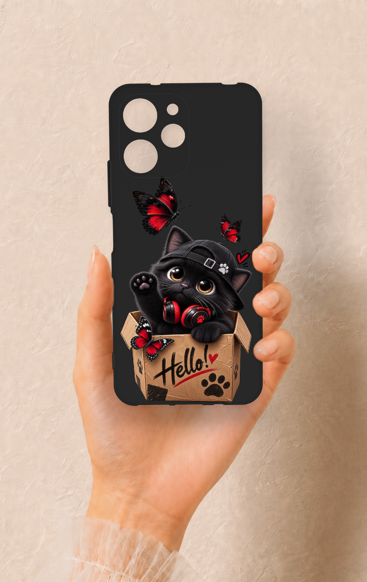 Redmi 12 Uyumlu Hello Cat Desenli Silikon Kılıf