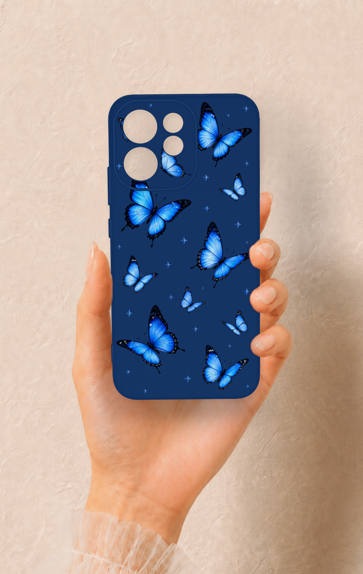 Oppo Reno 15F Uyumlu Parlak Mavi Kelebek Desenli Silikon Kılıf