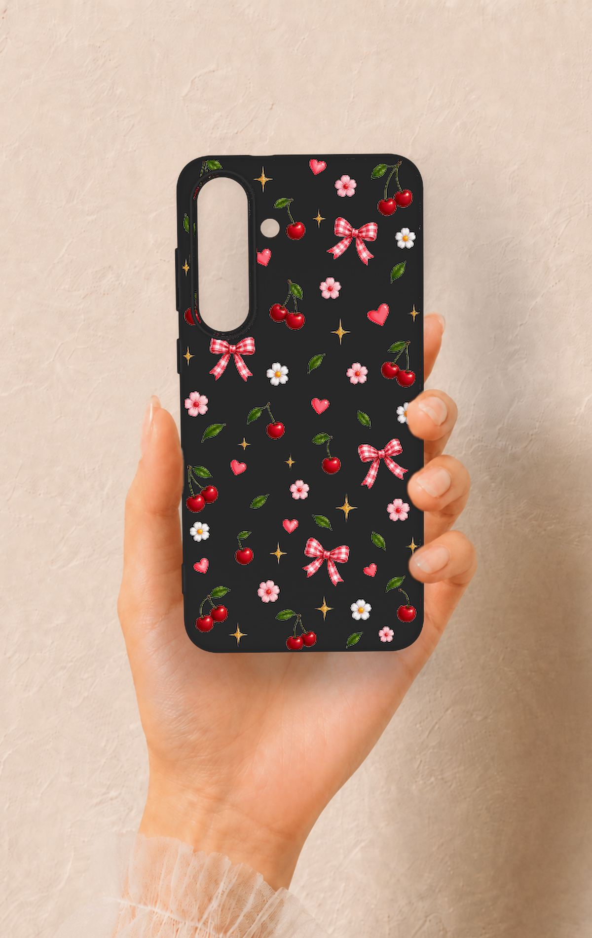Samsung S25Fe Uyumlu Papatya Kiraz Fiyonk Desenli Silikon Kılıf