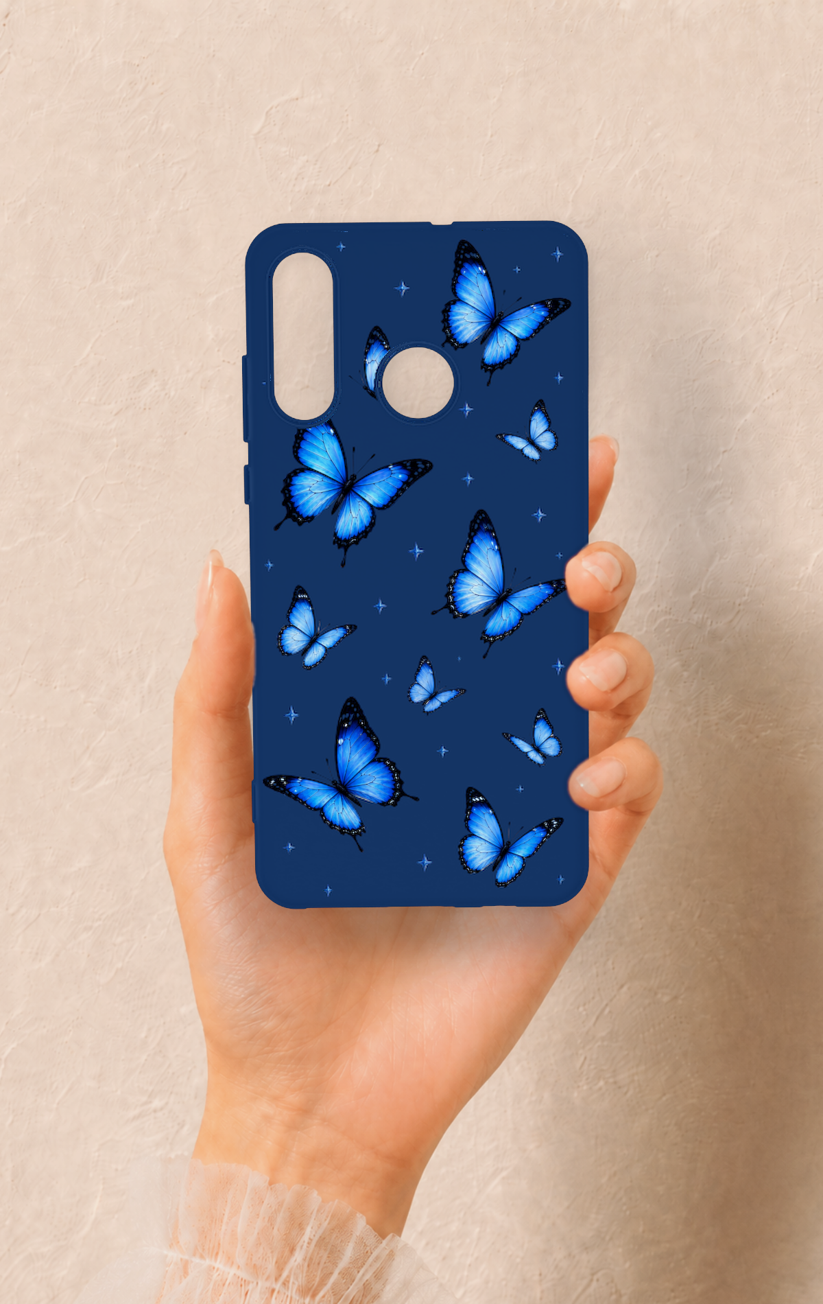 Huawei P30 Lite Uyumlu Parlak Mavi Kelebek Desenli Silikon Kılıf