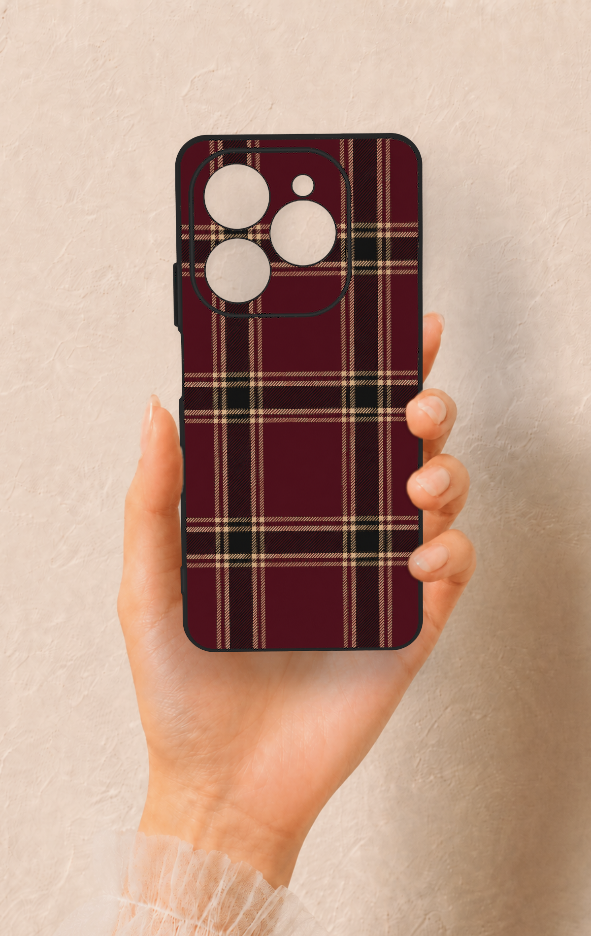 Tecno Spark 20 Pro Uyumlu Bordo Siyah Ekose Desenli Silikon Kılıf