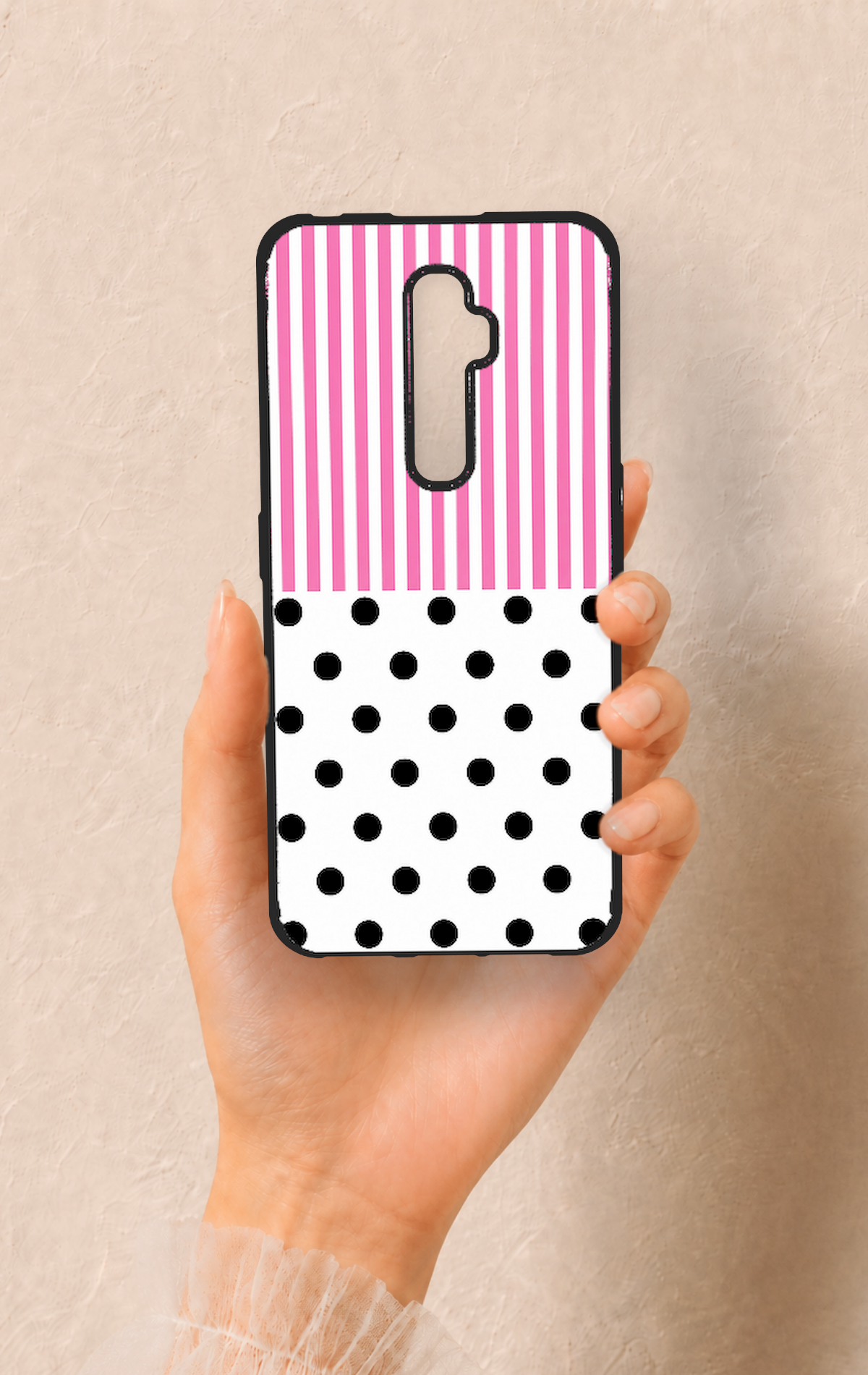 Oppo Reno 2Z Uyumlu Pembe Çizgili Puantiye Desenli Silikon Kılıf