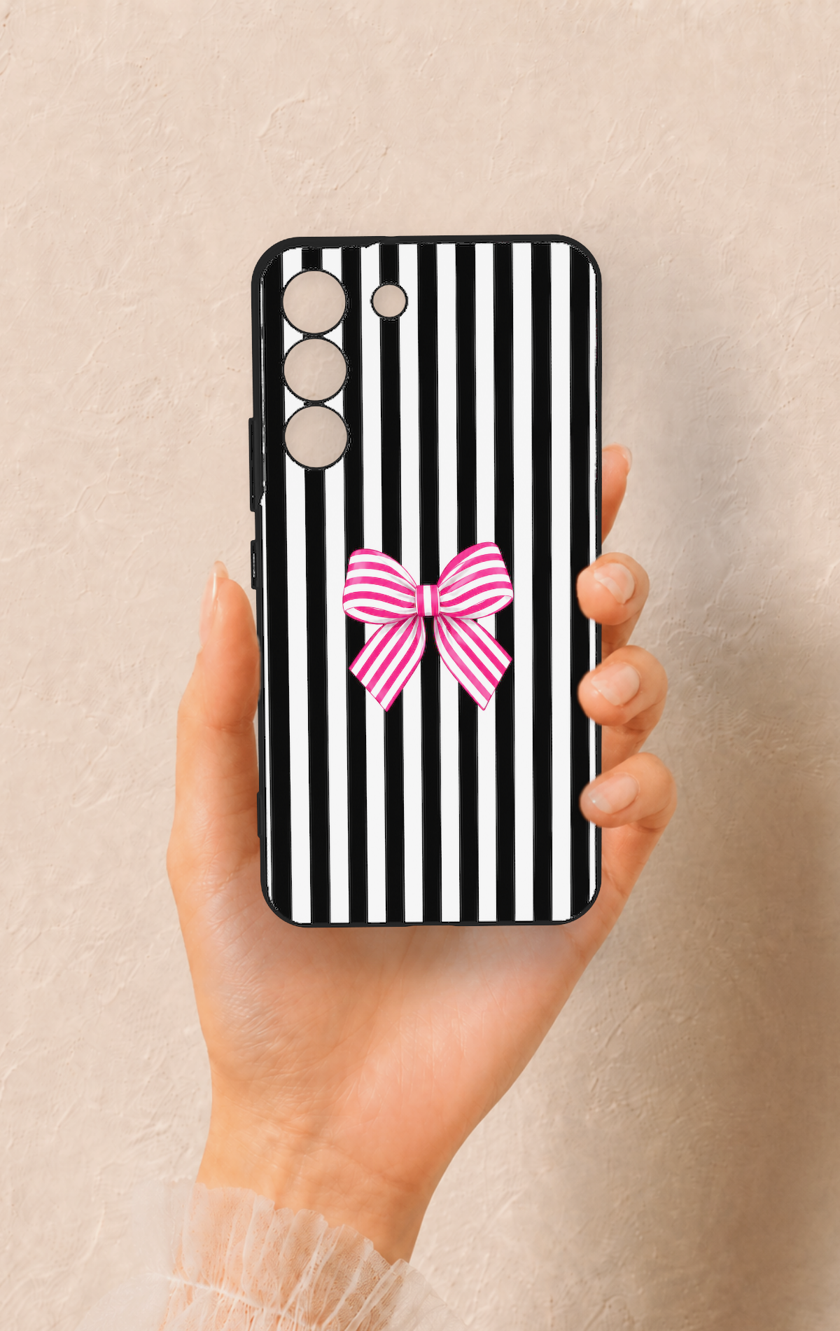 Samsung S22 Uyumlu Pembe Beyaz Kurdele Desenli Silikon Kılıf