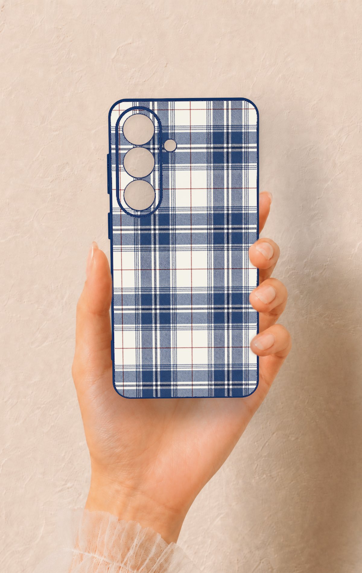 Samsung S26 Uyumlu Bej Lacivert Ekose Desenli Silikon Kılıf