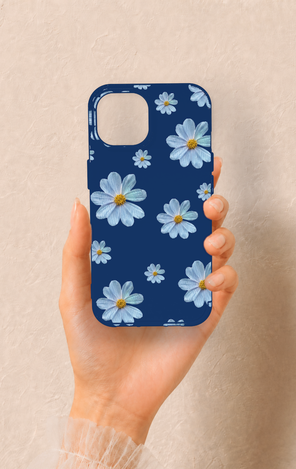 iPhone 15 Uyumlu Mavi Papatya Desenli Silikon Kılıf