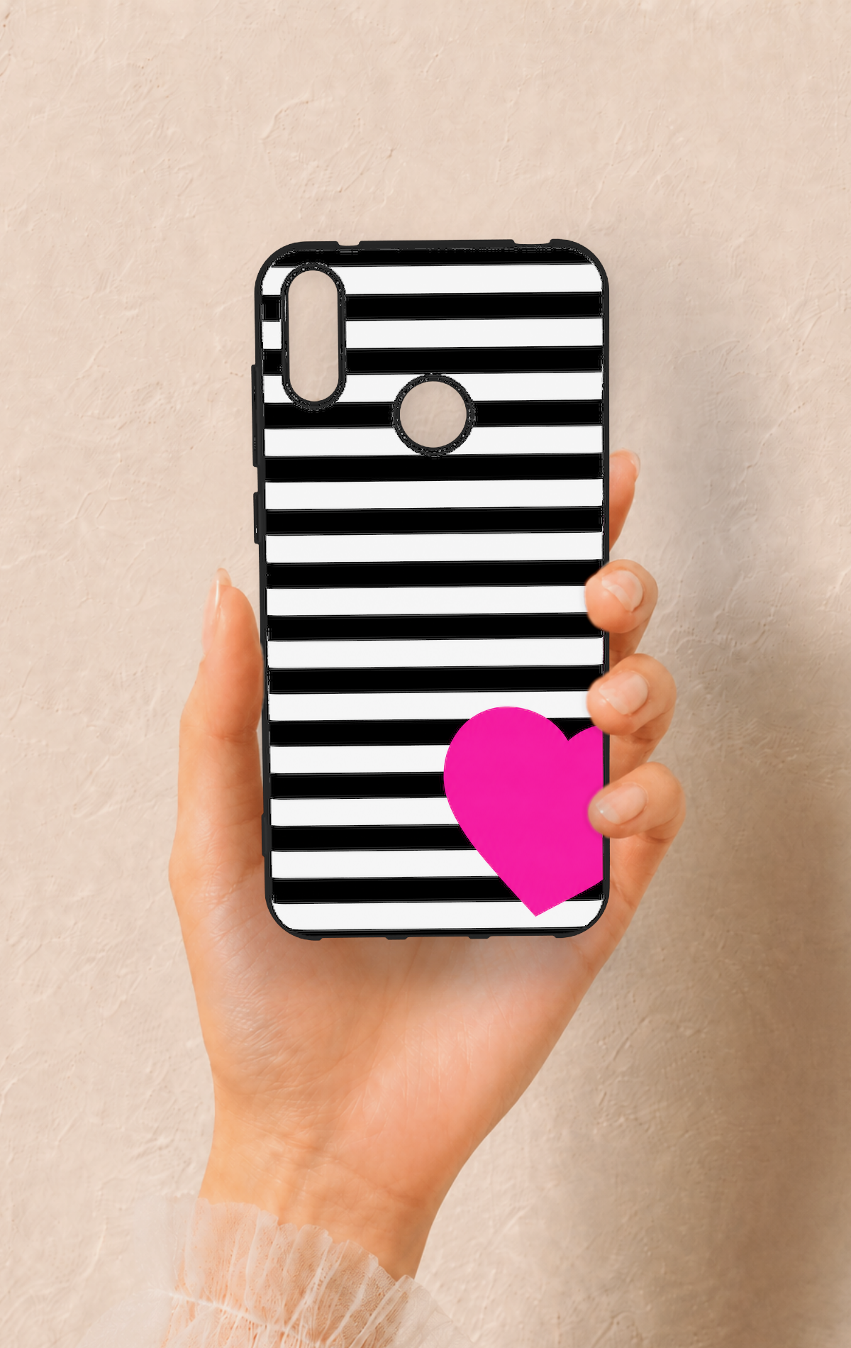 Huawei Y7 2019 Uyumlu Çizgili Kalp Desenli Silikon Kılıf