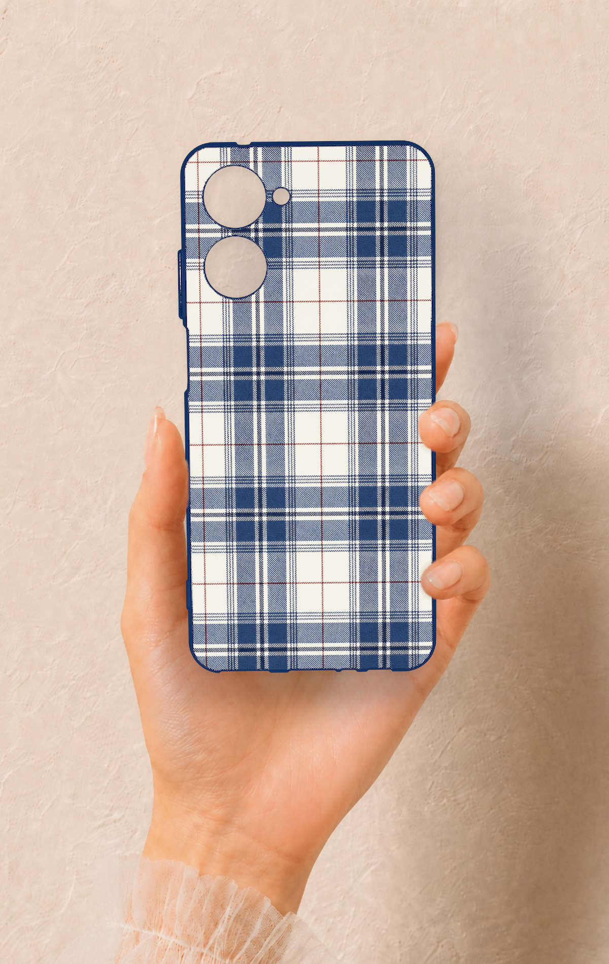 Realme 10 Uyumlu Bej Lacivert Ekose Desenli Silikon Kılıf