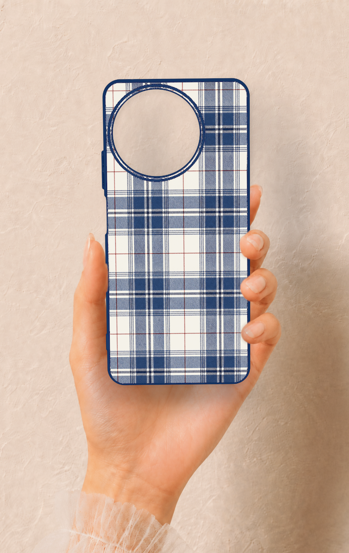 Realme 11 Uyumlu Bej Lacivert Ekose Desenli Silikon Kılıf