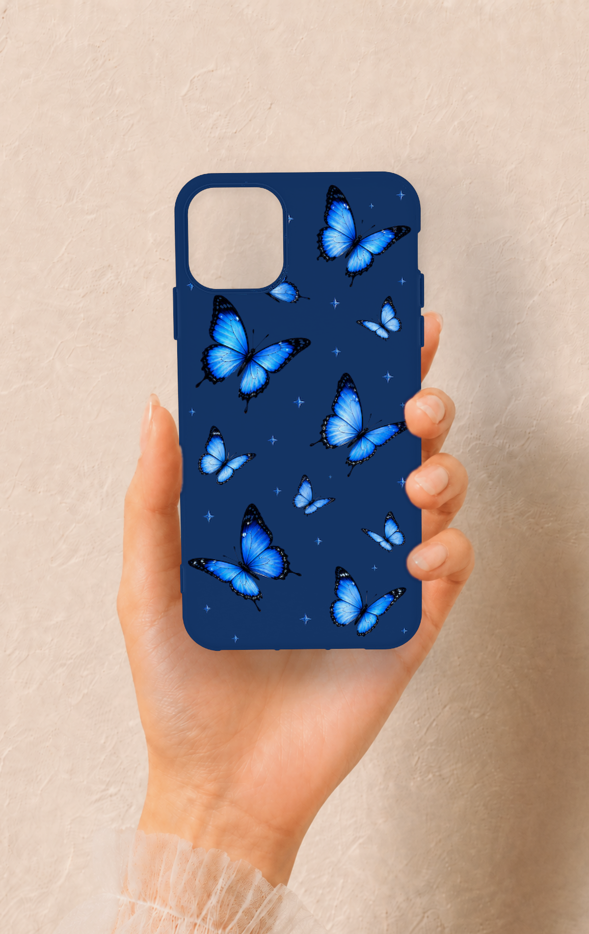 iPhone 11 Pro Max Uyumlu Parlak Mavi Kelebek Desenli Silikon Kılıf