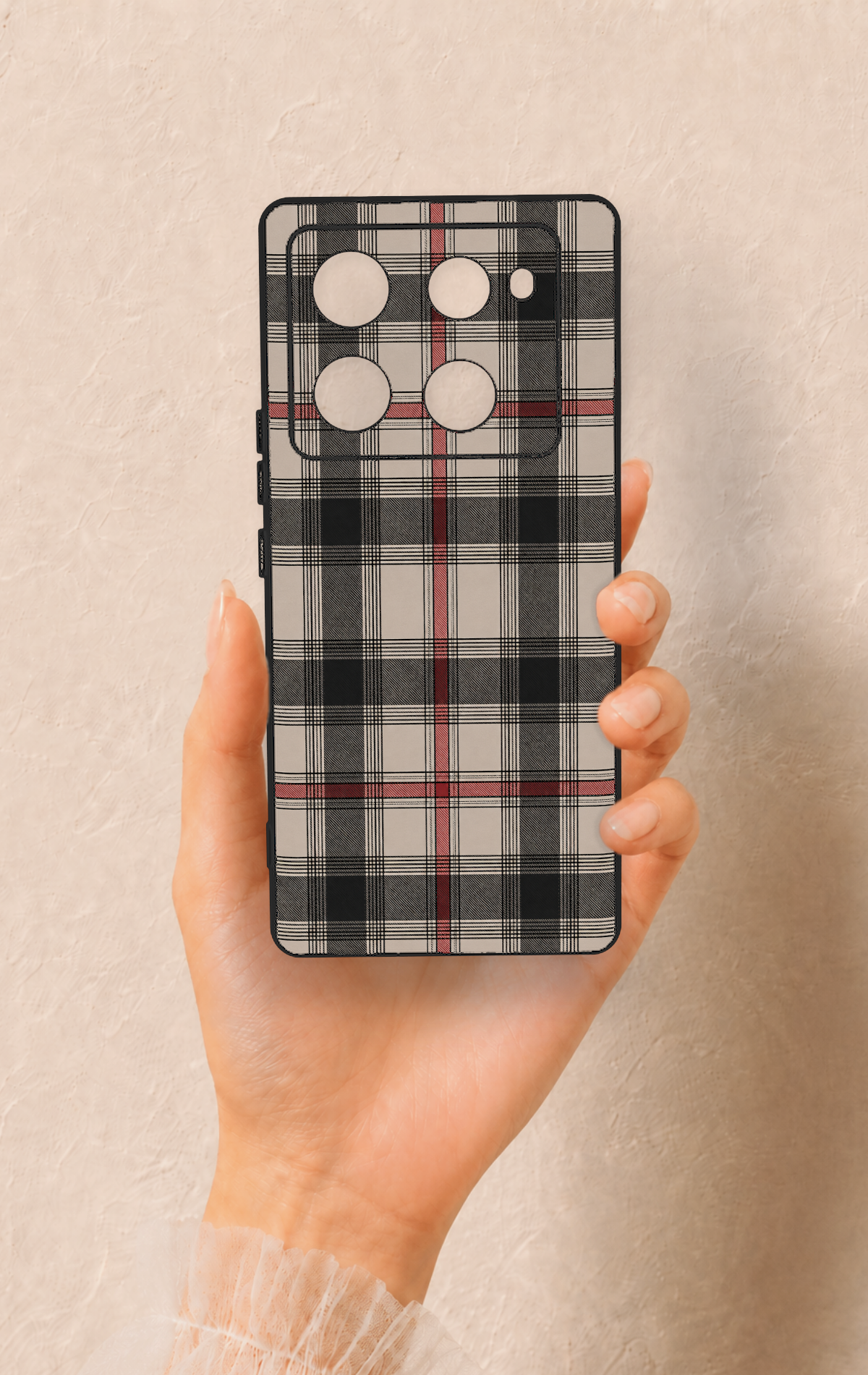 İnfinix Note 40 Pro Uyumlu Siyah Kırmızı Ekose Desenli Silikon Kılıf