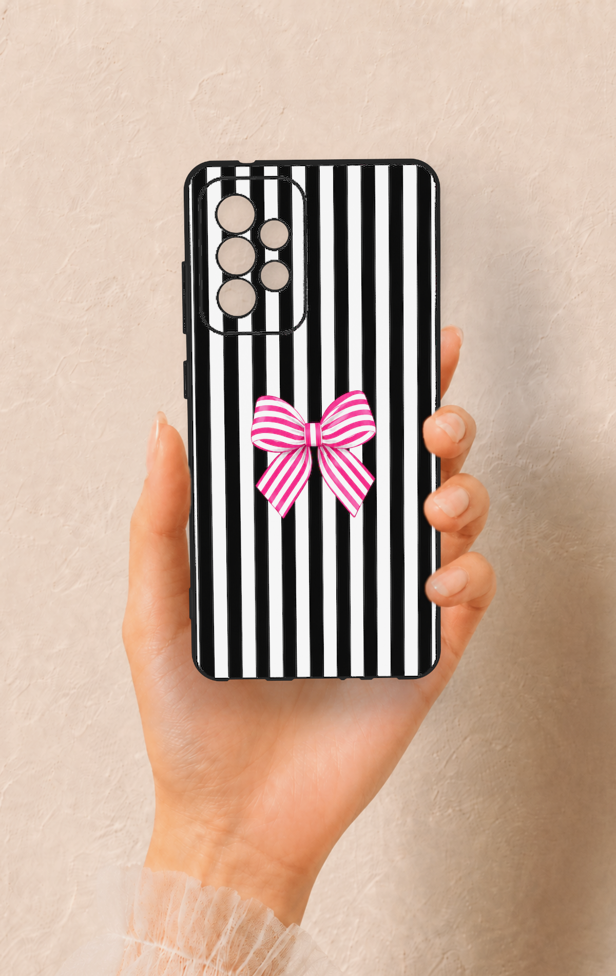 Samsung A52 Uyumlu Pembe Beyaz Kurdele Desenli Silikon Kılıf