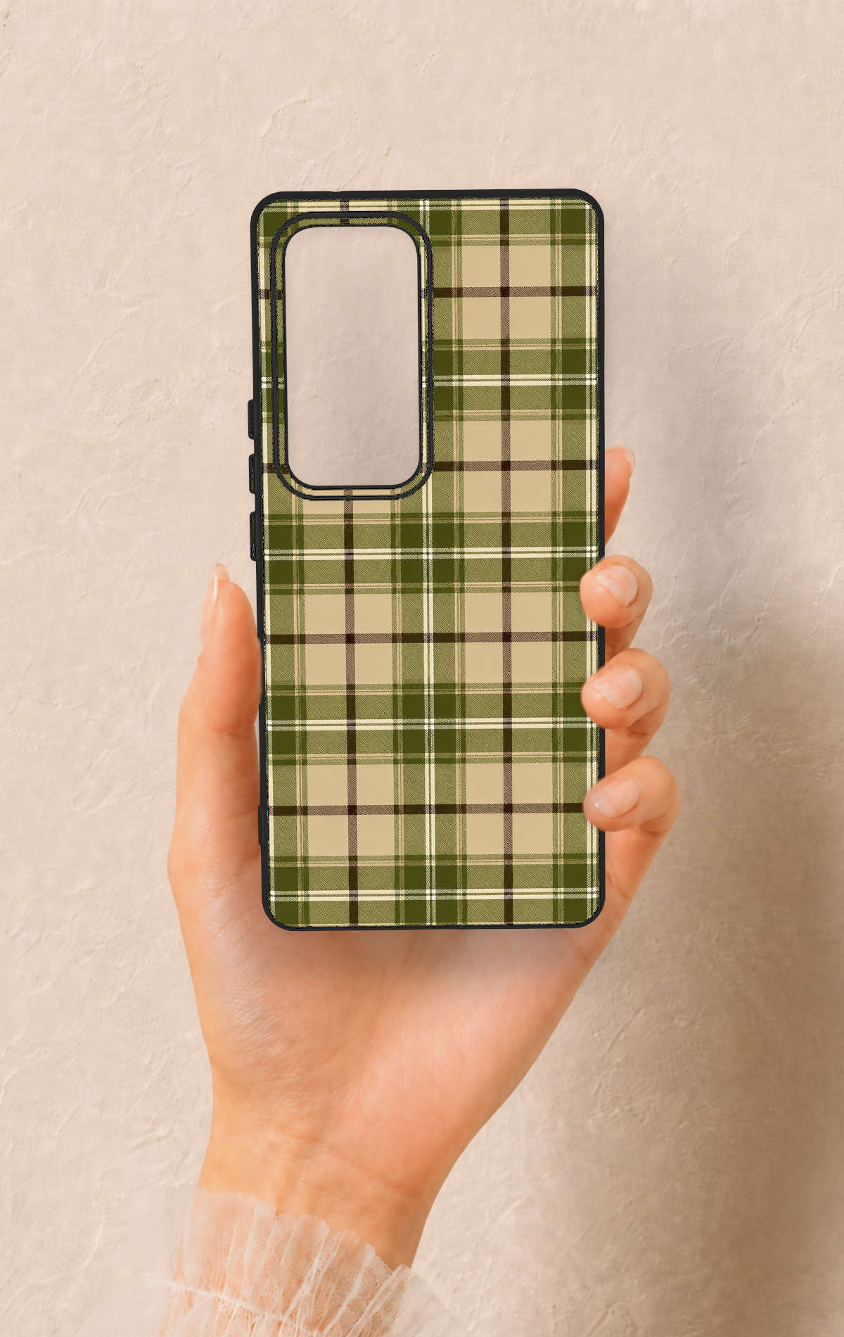 Vivo V30 Uyumlu Zeytin Yeşili Ekose Desenli Silikon Kılıf