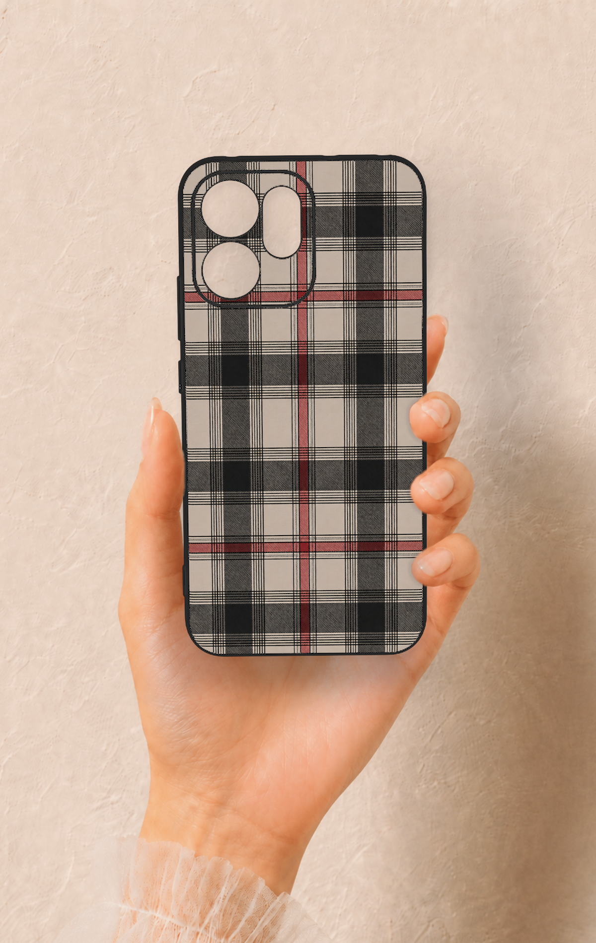 Oppo Reno 14F Uyumlu Siyah Kırmızı Ekose Desenli Silikon Kılıf