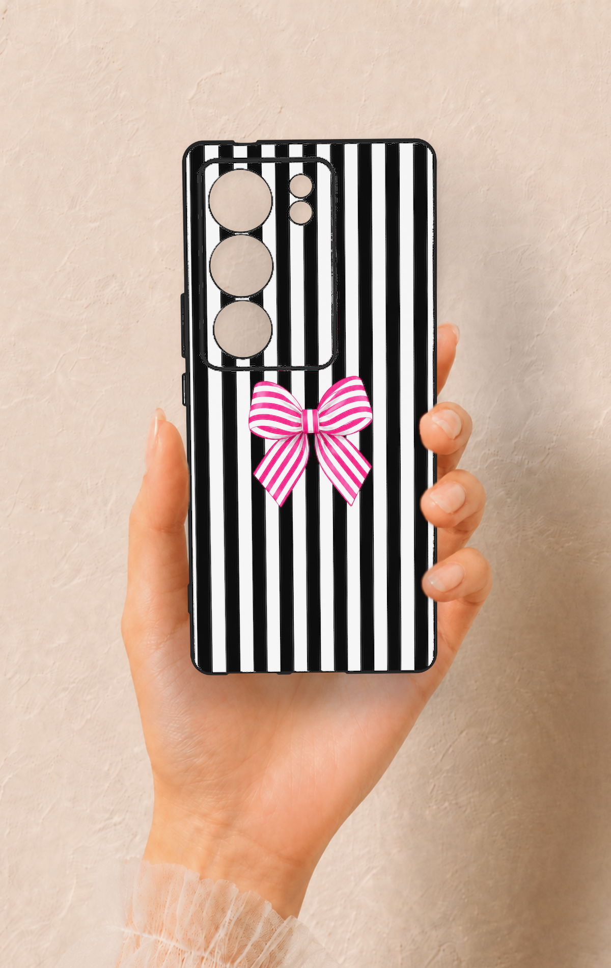 Vivo V29 Uyumlu Pembe Beyaz Kurdele Desenli Silikon Kılıf