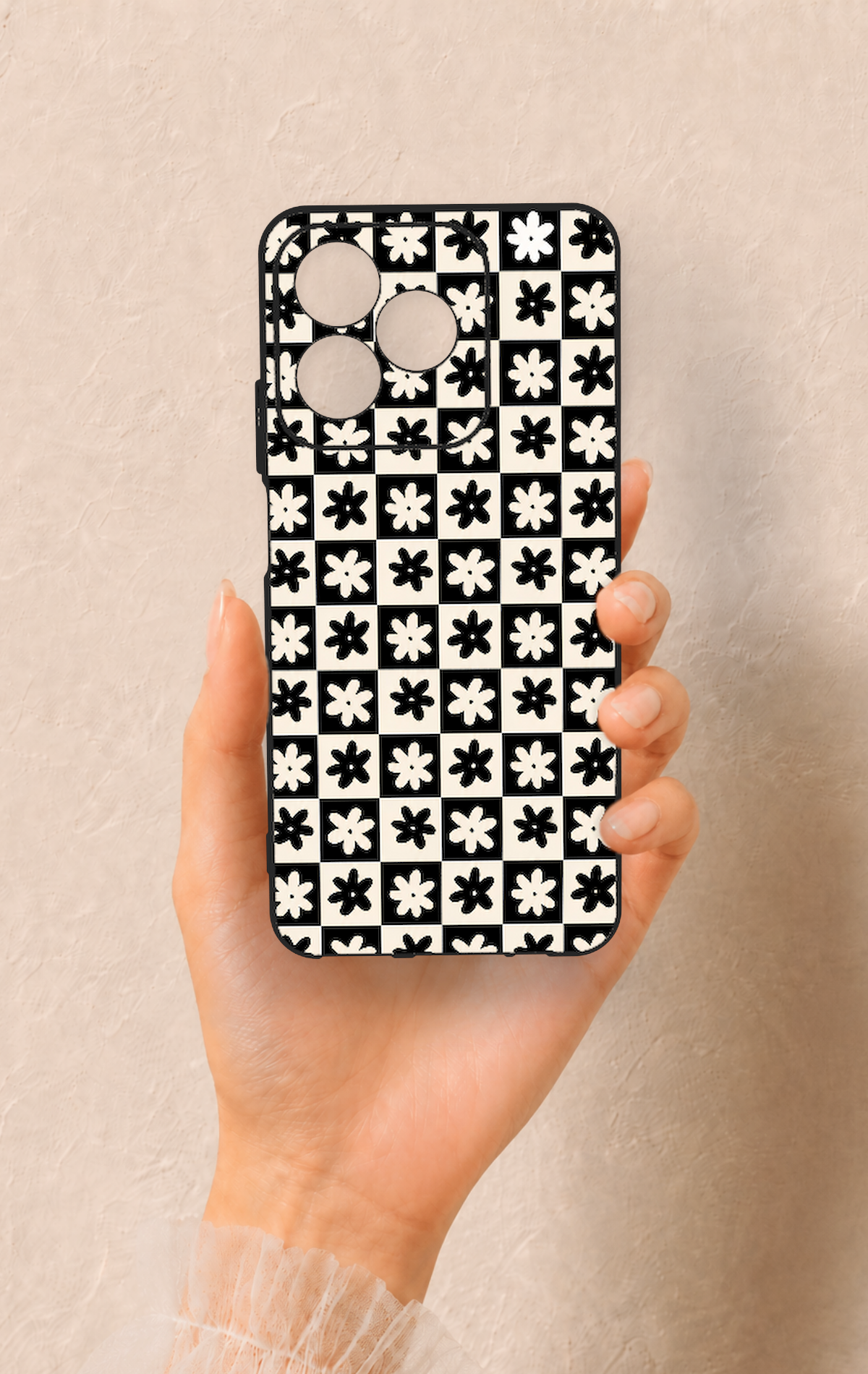 Realme C53 Uyumlu Çiçek Motifli Dama Desenli Silikon Kılıf