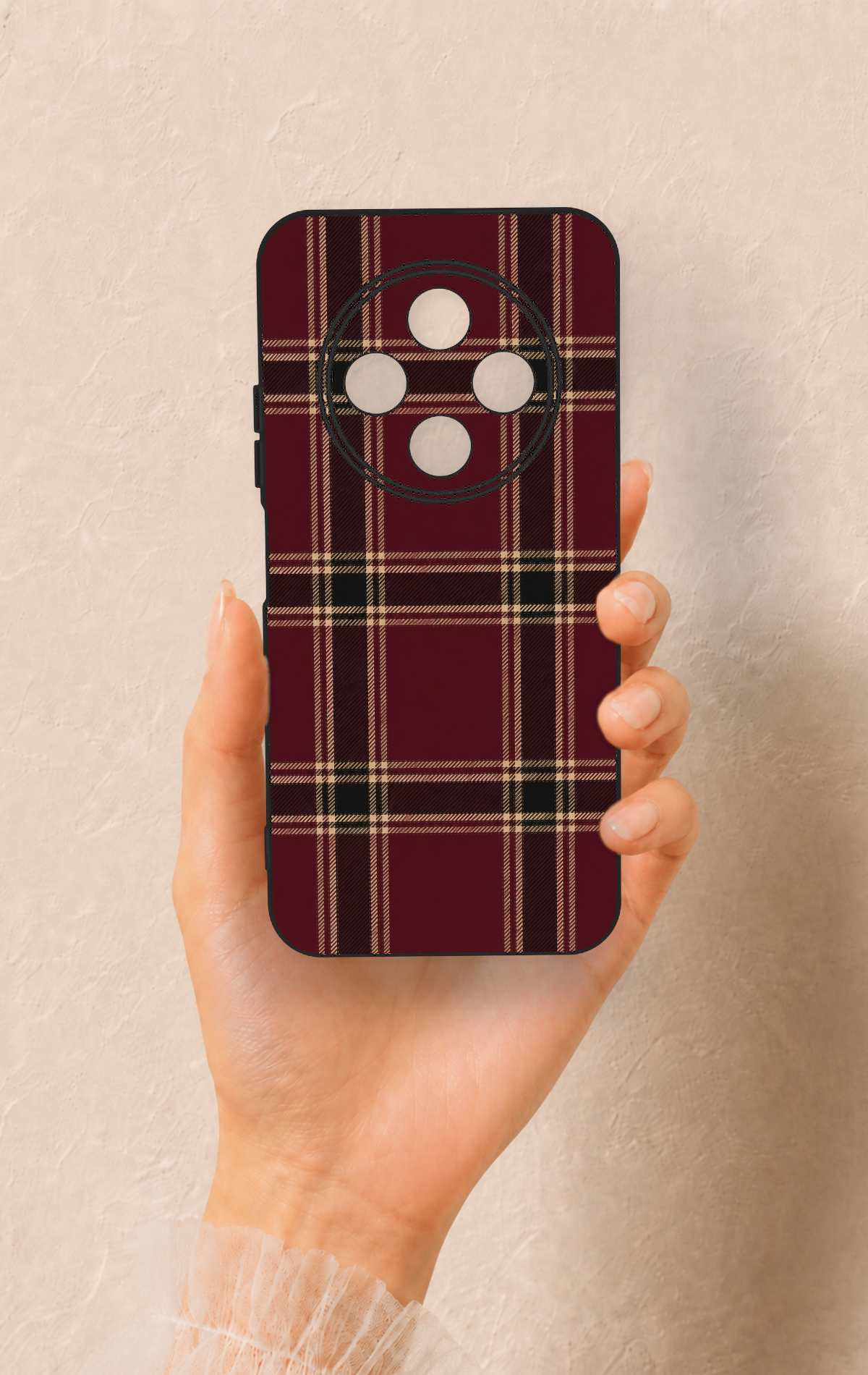 Tecno Spark 30C Uyumlu Bordo Siyah Ekose Desenli Silikon Kılıf