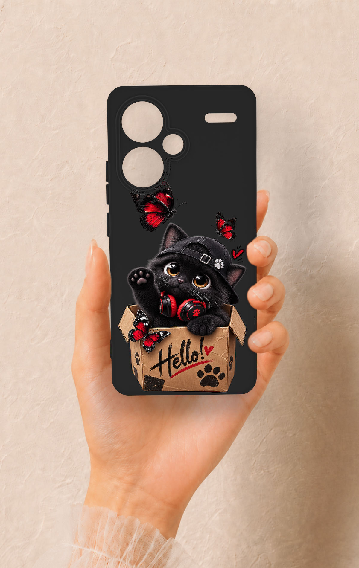 Redmi Note 13 Pro Plus Uyumlu Hello Cat Desenli Silikon Kılıf