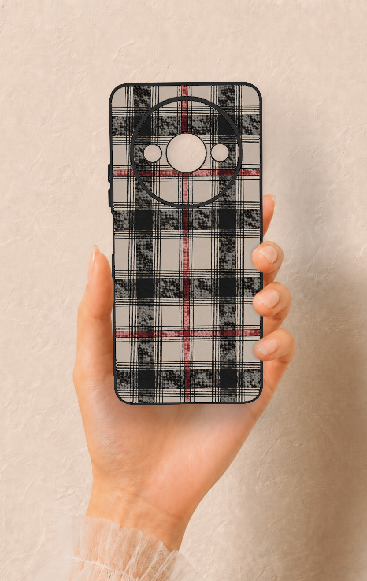 Redmi A3 Uyumlu Siyah Kırmızı Ekose Desenli Silikon Kılıf