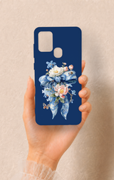 Samsung A21S Uyumlu Mavi Kurdeleli Çiçek Desenli Silikon Kılıf